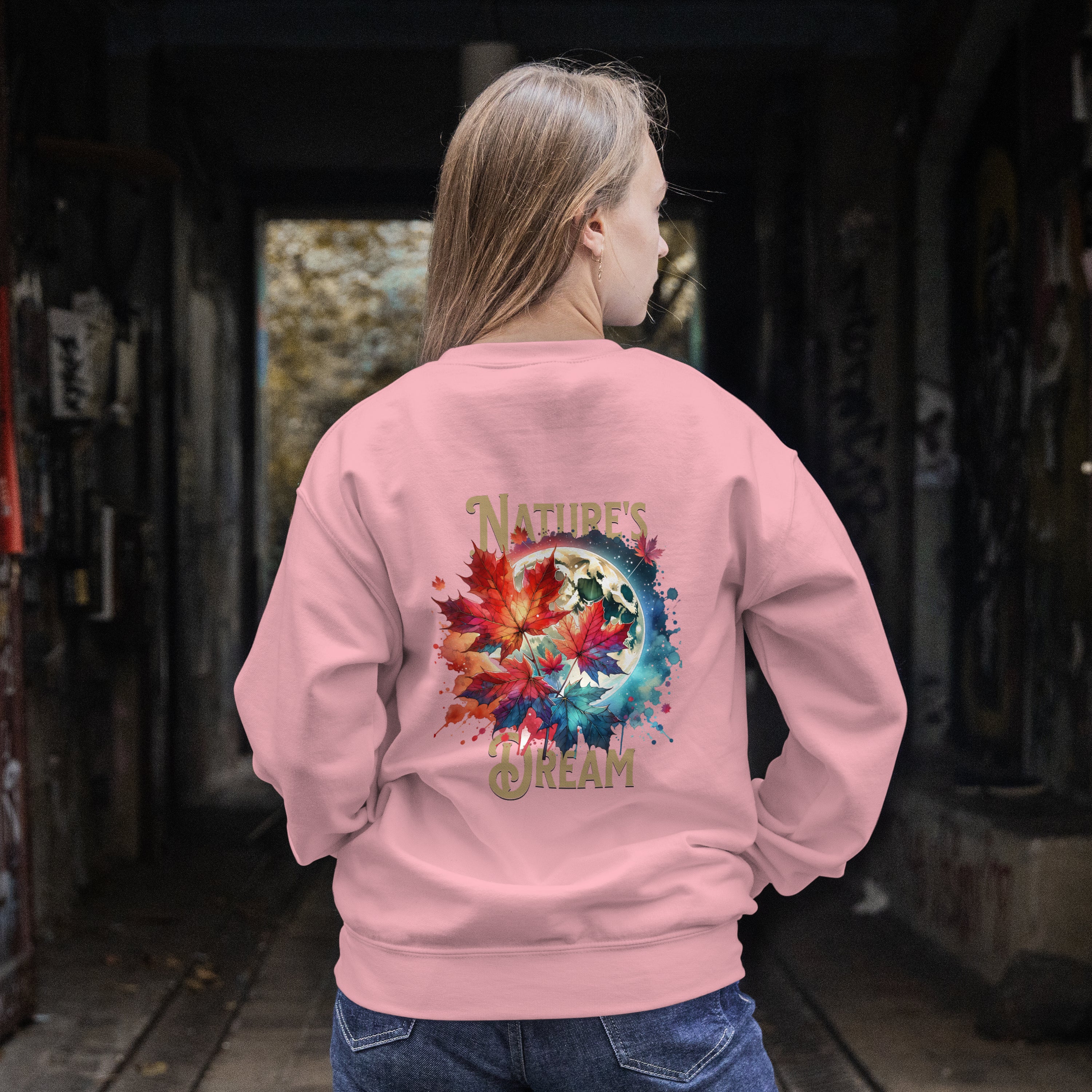 "Nature's Dream" Cozy Autumn Sweatshirt | Artistic Moon & Leaf Crewneck