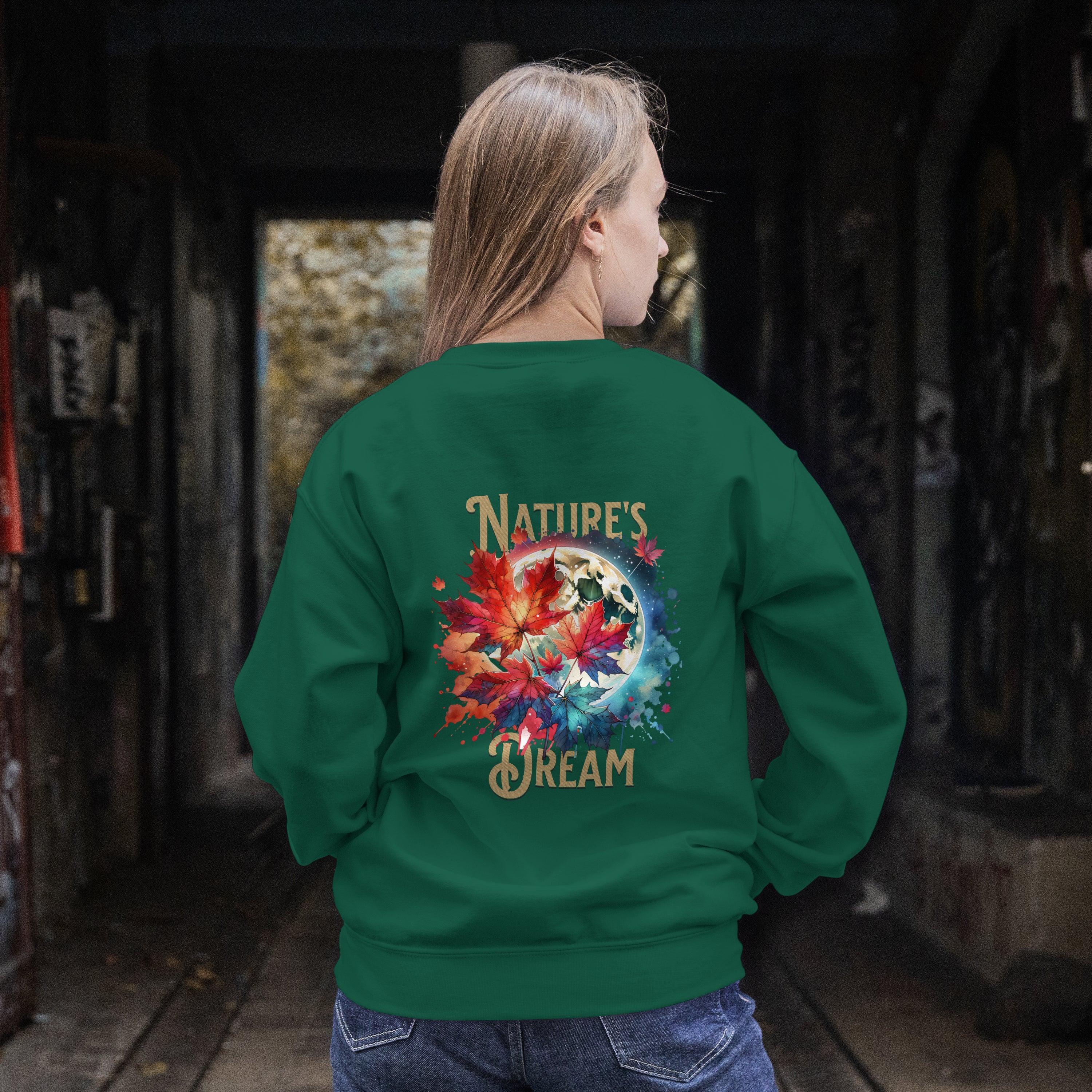 "Nature's Dream" Cozy Autumn Sweatshirt | Artistic Moon & Leaf Crewneck