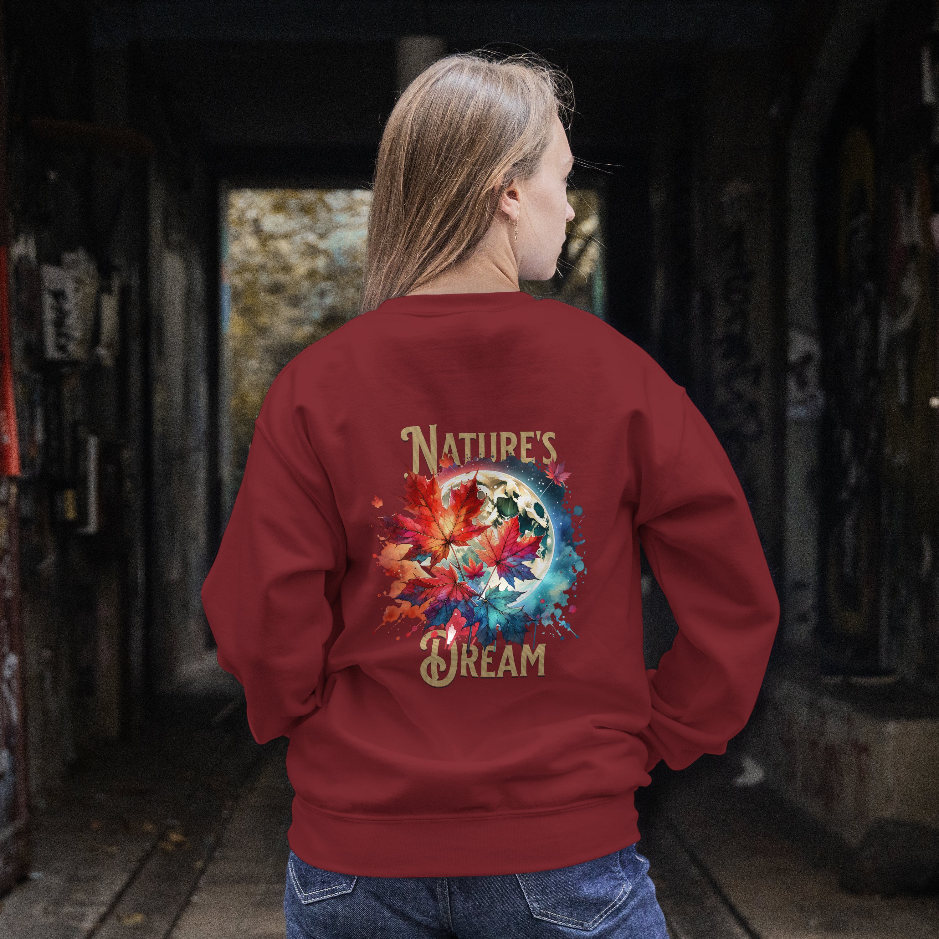 "Nature's Dream" Cozy Autumn Sweatshirt | Artistic Moon & Leaf Crewneck